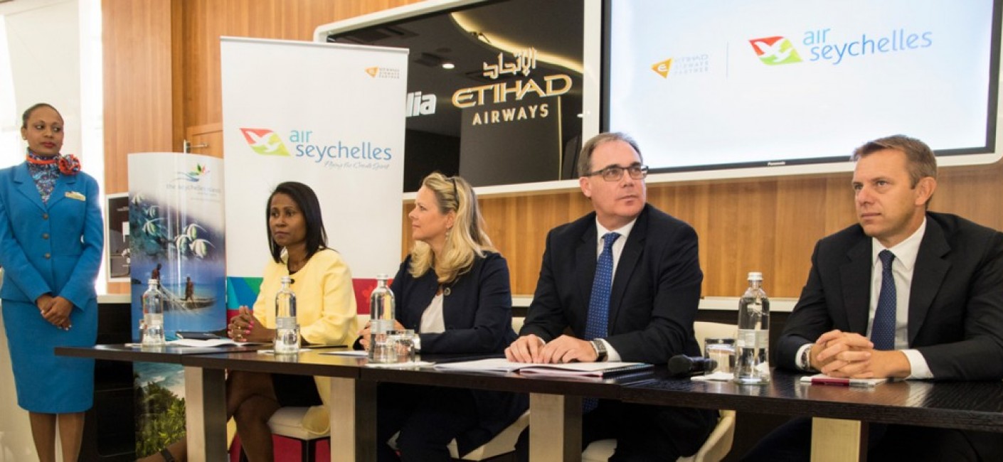 Bernadette Willemin, Director Europe at the Seychelles Tourism Board; Lorna Dalziel, General Manager Italy at Etihad Airways; Roy Kinnear, Chief Executive Officer of Air Seychelles and Nicola Bonacchi, Vice President Sales Italy at Alitalia, at the Air Seychelles media conference held at the Alitalia and Etihad Airways joint pavilion at Expo Milano 2015