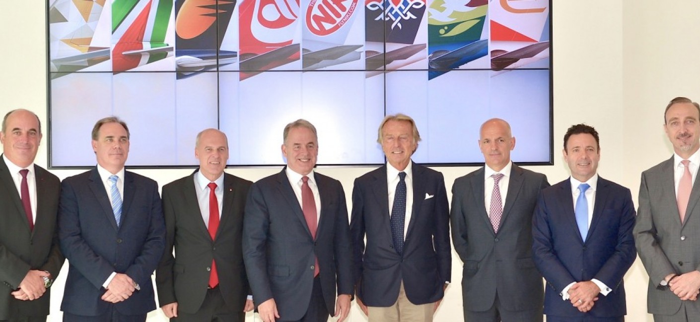 (left to right) Bruno Matheu, Chief Operating Officer Equity Partners, Etihad Airways; Roy Kinnear, CEO, Air Seychelles; Stefan Pichler, CEO, airberlin; James Hogan, President and CEO, Etihad Airways; Luca Cordero di Montezemolo, Chairman, Alitalia; Maurizio Merlo, CEO, Etihad Regional; Cramer Ball, CEO, Jet Airways; Dane Kondic, CEO Air Serbia