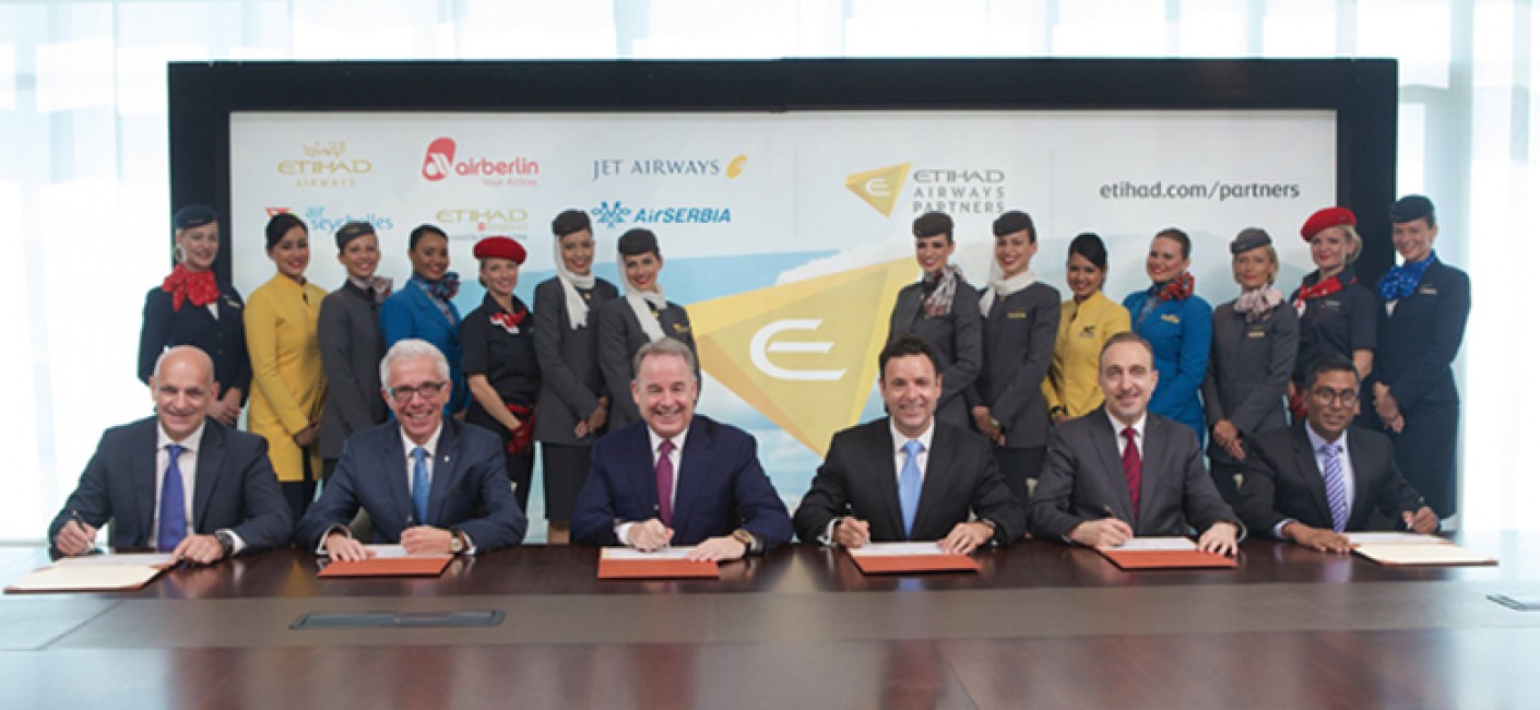 (Left to right): Maurizio Merlo, CEO Darwin Airline; Wolfgang Prock-Schauer, CEO airberlin; James Hogan, President and CEO Etihad Airways; Cramer Ball, CEO Jet Airways; Dane Kondic, CEO Air Serbia, Manoj Papa, CEO Air Seychelles;celebrate the launch of Etihad Airways Partners